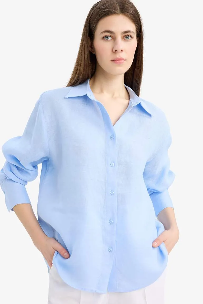 %100 Keten Oversize Geniş Kalıp Uzun Kollu Gömlek