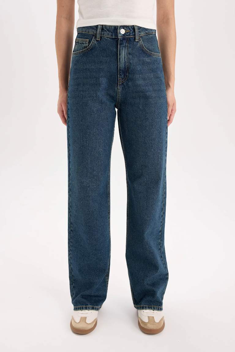 90's Wide Leg Yüksek Bel Geniş Paça Uzun Jean Kar Yıkamalı Pantolon