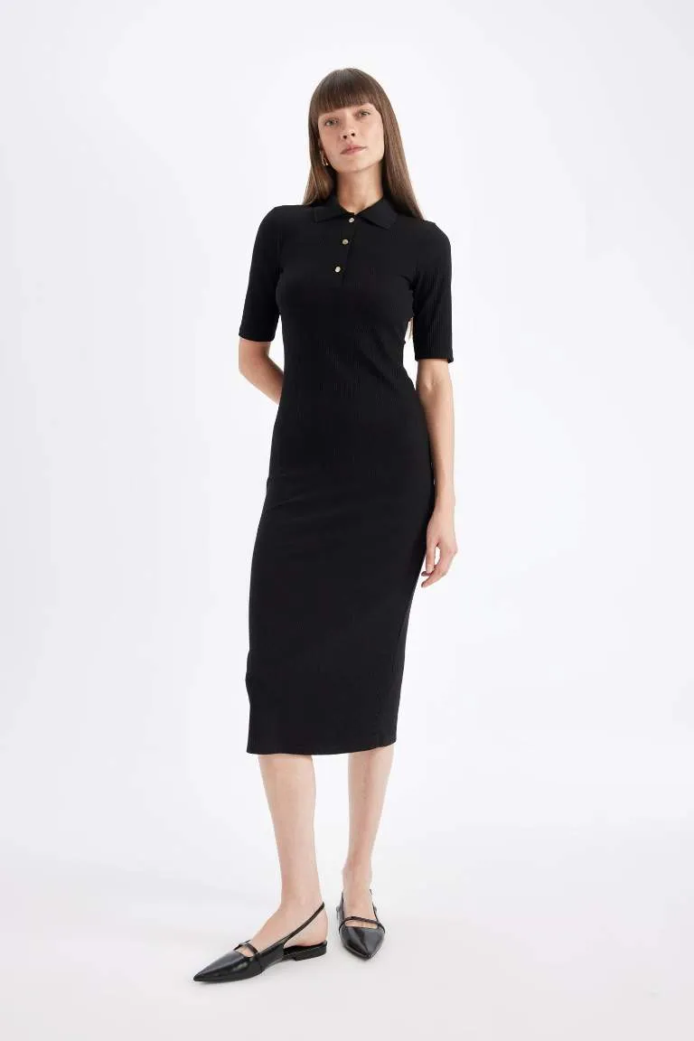 Bodycon Vücuda Oturan Basic Düz Düğmeli Polo Yaka Fitilli Kaşkorse Yarım Kollu Midi Siyah Elbise