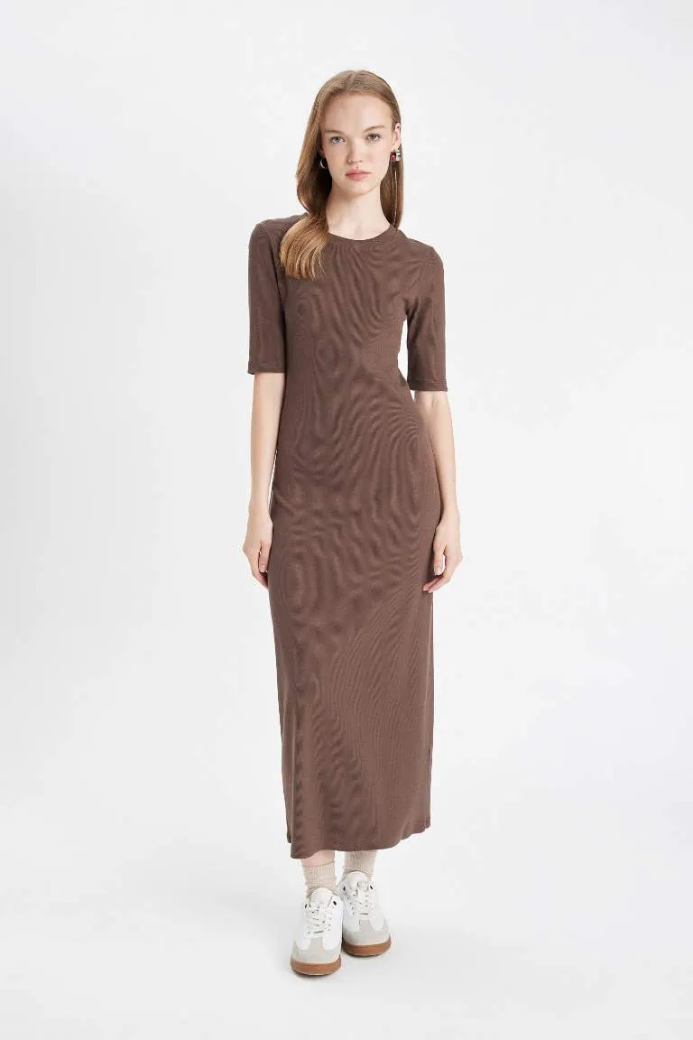 Bodycon Vücuda Oturan Bisiklet Yaka Basic Düz Fitilli Kaşkorse Kısa Kollu Maxi Elbise
