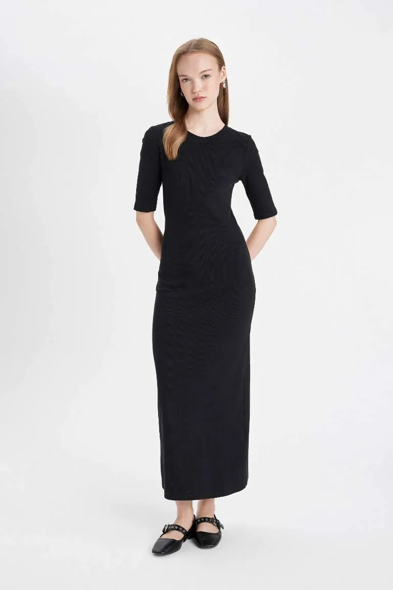 Bodycon Vücuda Oturan Bisiklet Yaka Basic Düz Fitilli Kaşkorse Kısa Kollu Maxi Elbise