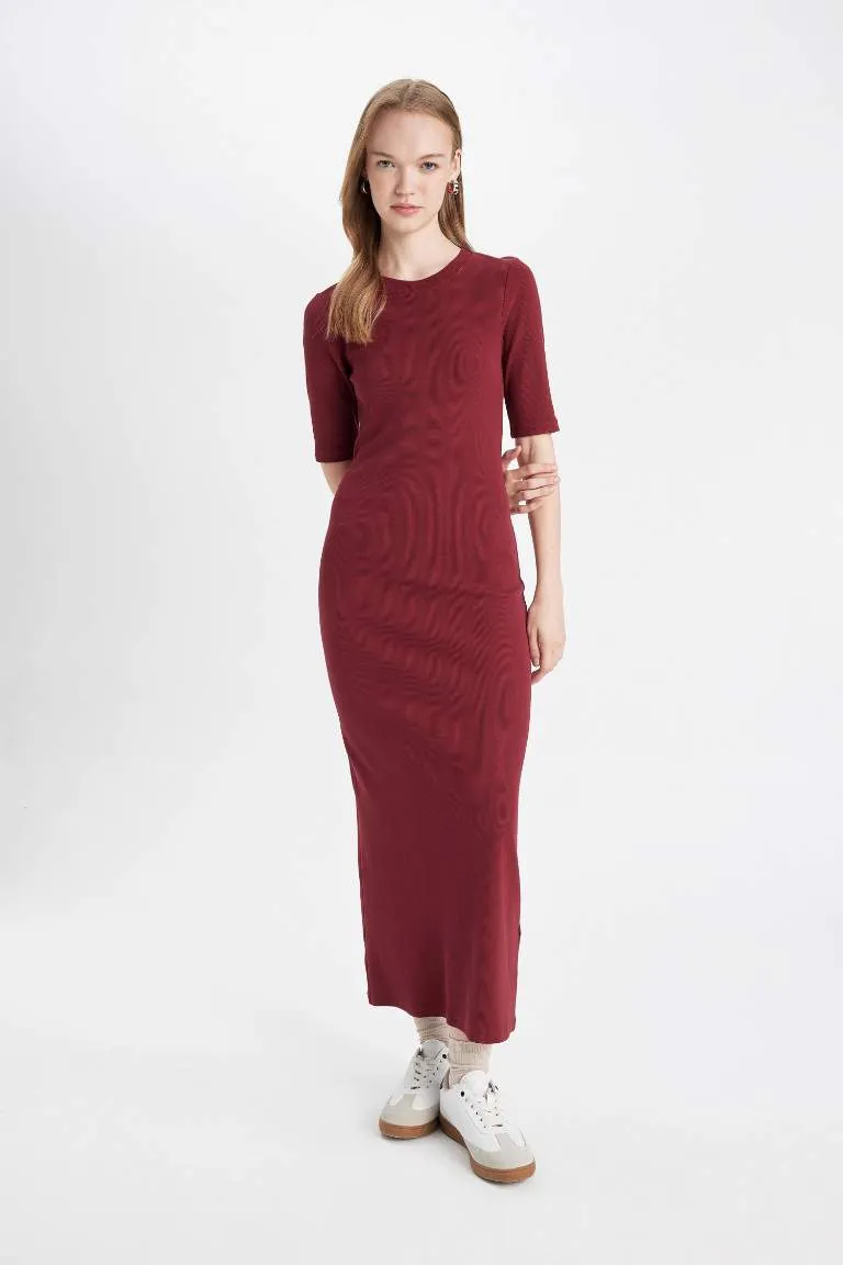 Bodycon Vücuda Oturan Bisiklet Yaka Basic Düz Fitilli Kaşkorse Kısa Kollu Maxi Bordo Elbise