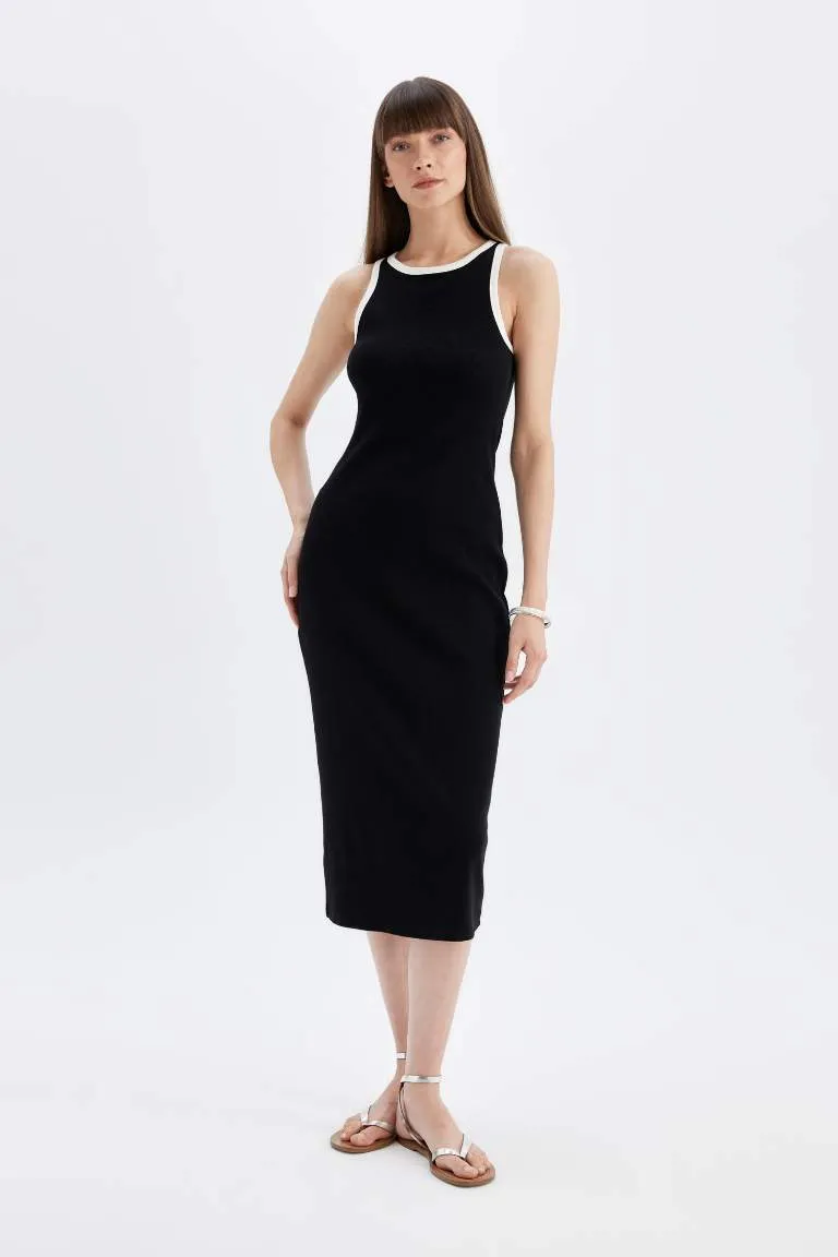 Bodycon Vücudu Saran Basic Düz Fitilli Kaşkorse Kolsuz Midi Elbise