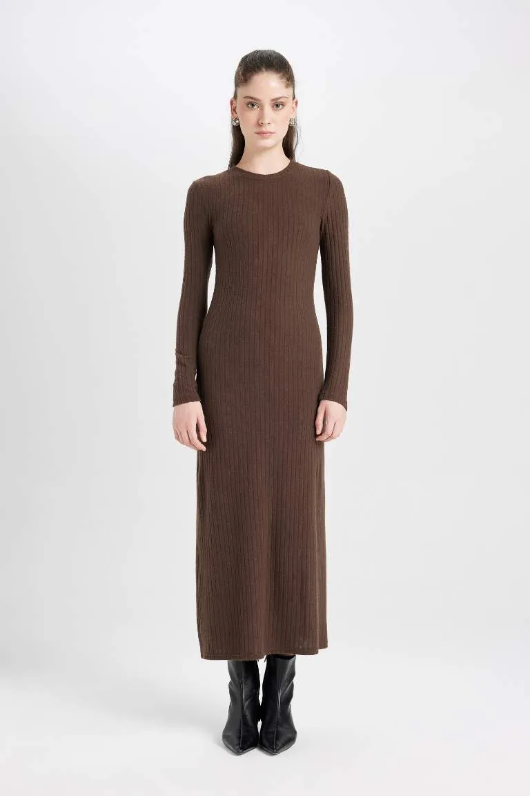 Bodycon Vücudu Saran Bisiklet Yaka Basic Düz Kaşkorse Uzun Kollu Maxi Elbise