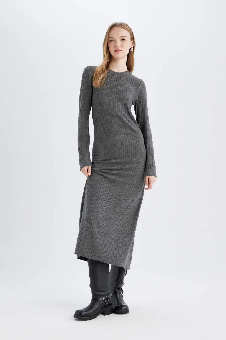 Bodycon Vücudu Saran Bisiklet Yaka Basic Düz Kaşkorse Uzun Kollu Maxi Elbise