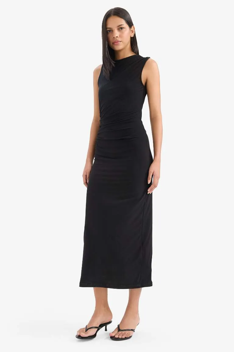 Bodycon Vücudu Saran Dik Yaka Basic Düz Kolsuz Maxi Abiye Elbise