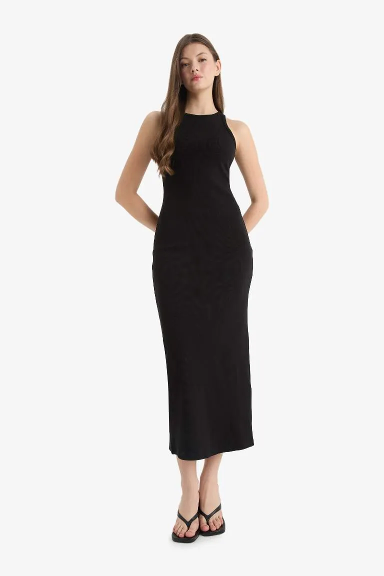 Bodycon Vücudu Saran Halter Yaka Fitilli Kaşkorse Kolsuz Maxi Siyah Yazlık Elbise