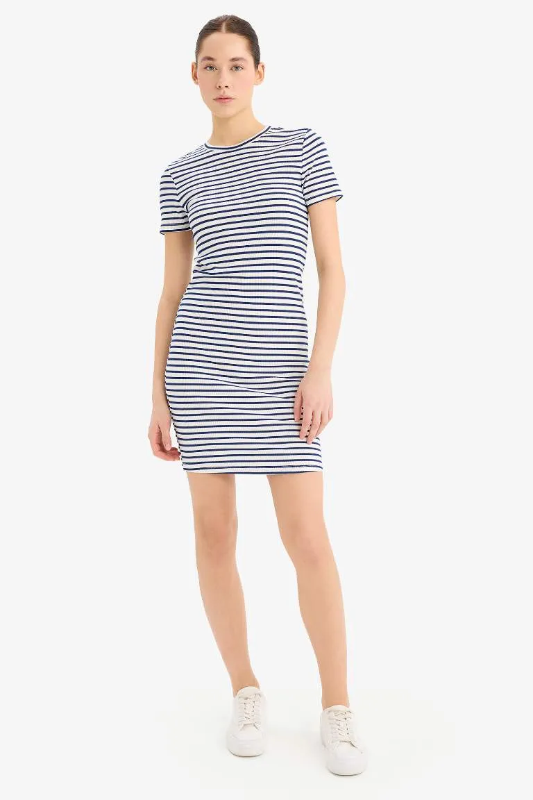 Coool Bodycon Vücudu Saran Bisiklet Yaka Çizgili Fitilli Kaşkorse Kısa Kollu Mini Elbise