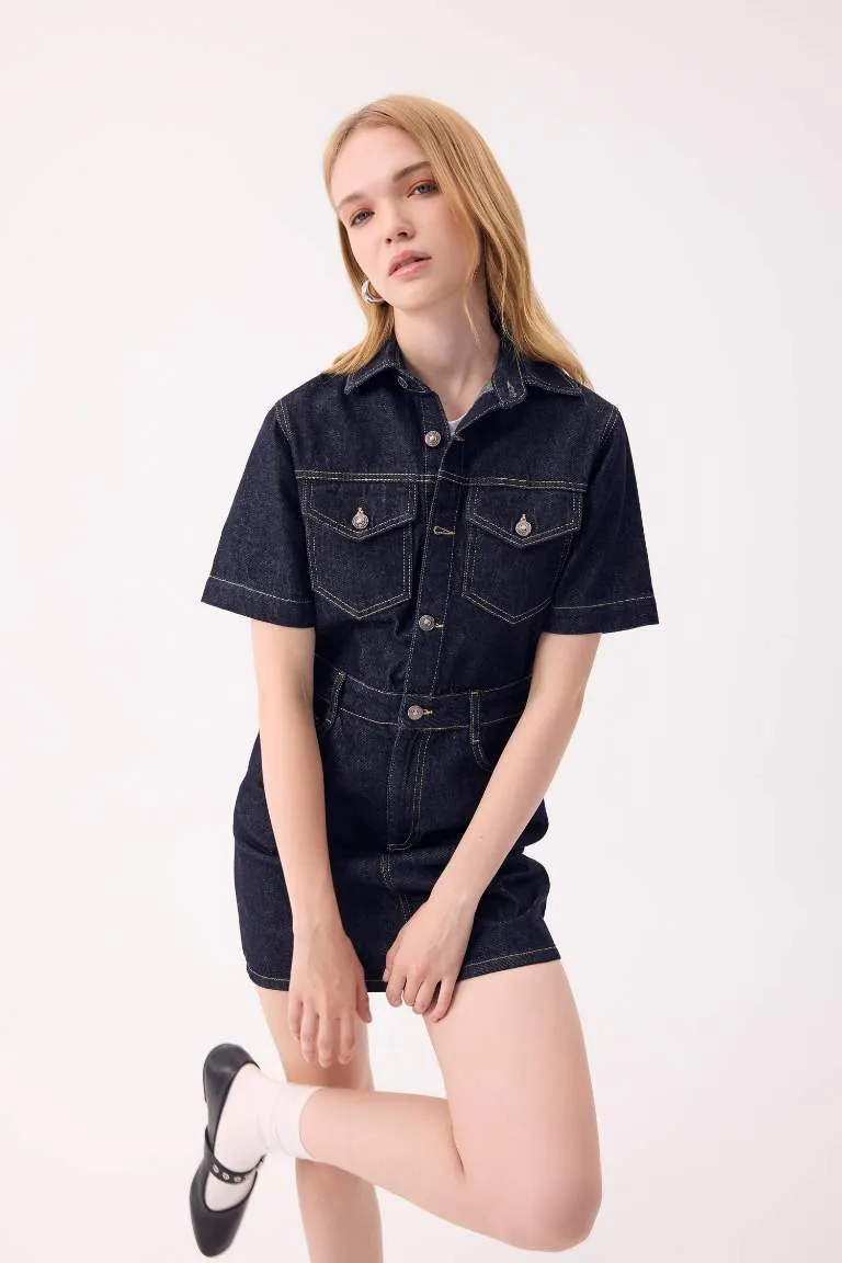 Fashion Fit Gömlek Yaka Cepli Kısa Kollu Midi Jean Elbise