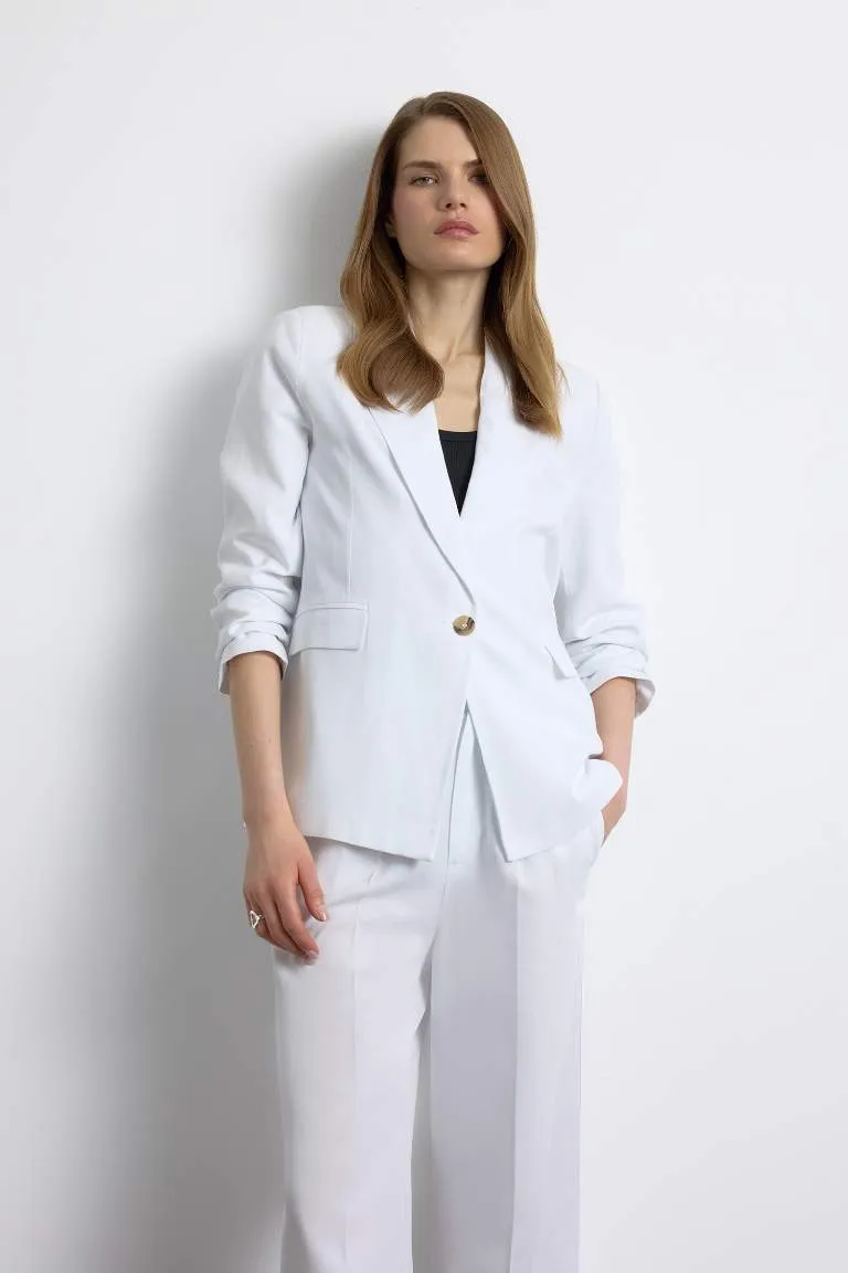 Oversize Geniş Kalıp Keten Karışımlı Beyaz  Blazer Ceket