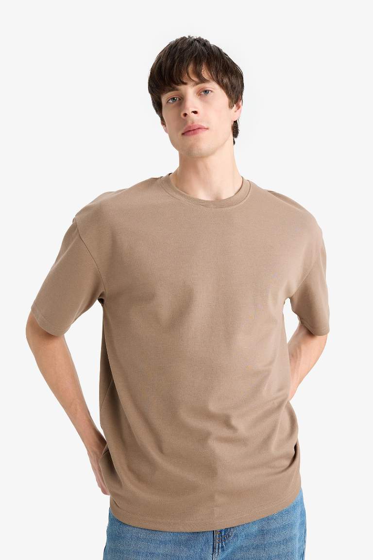 Oversize Geniş Kalıp Ütü Gerektirmeyen Bisiklet Yaka Kısa Kollu Basic Düz Ağır Kumaş Tişört