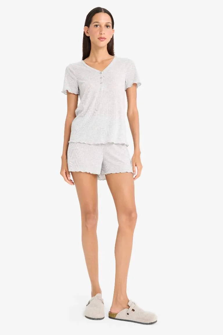Regular Fit Pijama Takımı Kısa Kollu Ribana Üst Esnek Belli Şort-Fall in Love