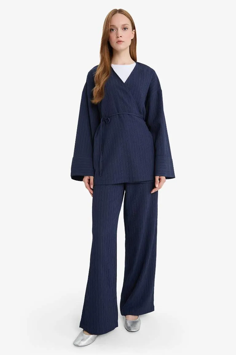 Relax Fit 2'li Takım Gofre Dokulu Uzun Kollu Kimono Pantolon