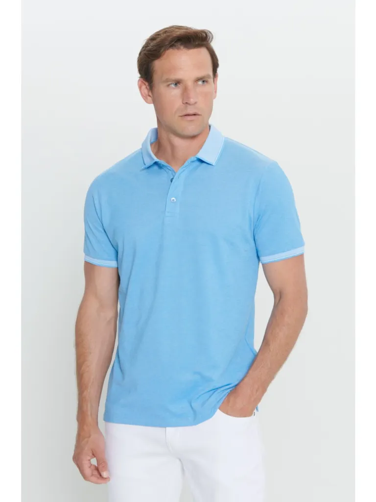Altınyıldız Classics AC&Co / Altınyıldız Classics Erkek Çekmeyen Pamuklu Kumaş Slim Fit Dar Kesim Saks-Beyaz Kıvrılmaz Polo Yaka Tişört