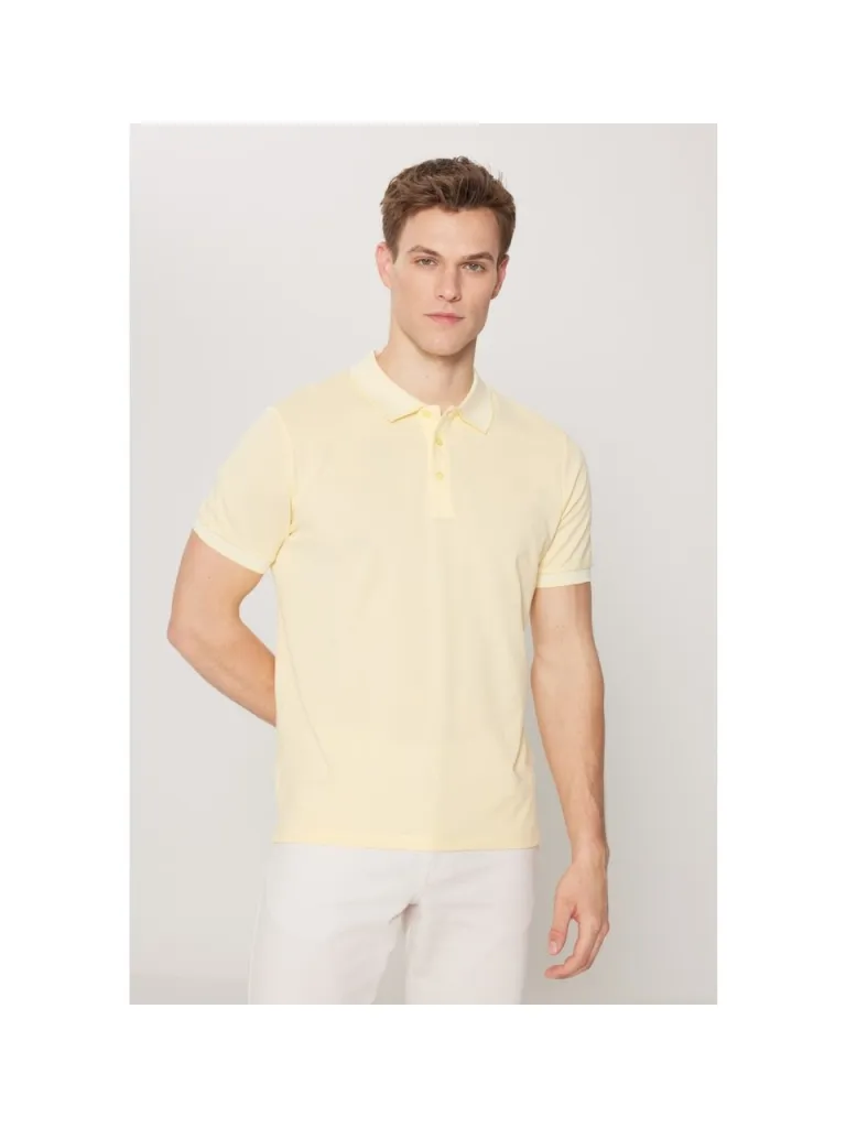 Altınyıldız Classics AC&Co / Altınyıldız Classics Erkek Çekmeyen Pamuklu Kumaş Slim Fit Dar Kesim Sarı-Beyaz Kıvrılmaz Polo Yaka Tişört