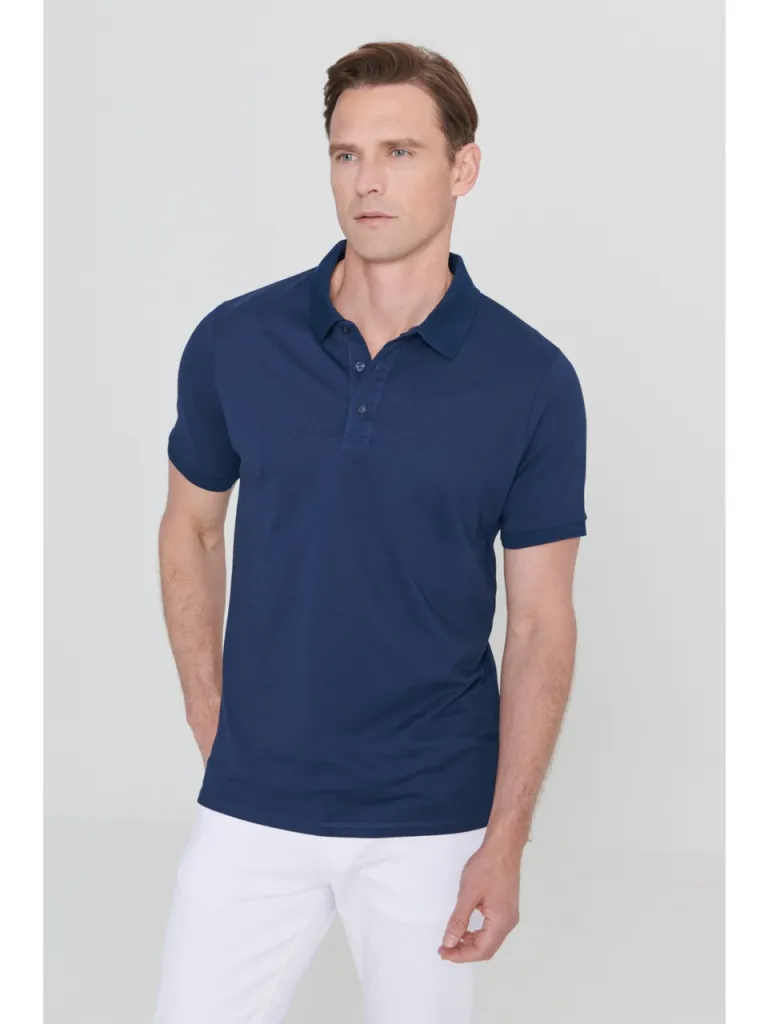 Altınyıldız Classics AC&Co / Altınyıldız Classics Erkek Çekmeyen Pamuklu Kumaş Slim Fit Dar Kesim Lacivert Kıvrılmaz Polo Yaka Tişört