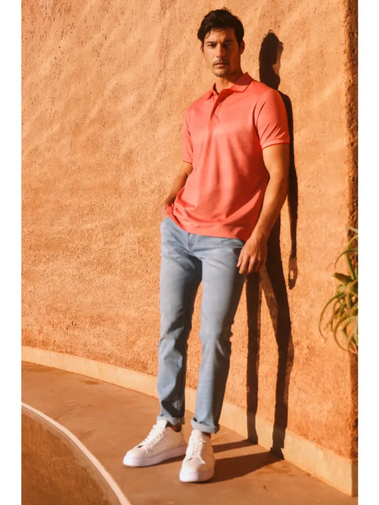 Altınyıldız Classics AC&Co / Altınyıldız Classics Erkek Çekmeyen Pamuklu Kumaş Slim Fit Dar Kesim Narçiçeği-Beyaz Kıvrılmaz Polo Yaka Tişört
