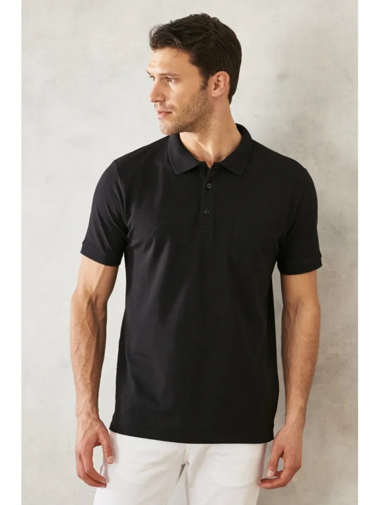 Altınyıldız Classics AC&Co / Altınyıldız Classics Erkek Çekmeyen Pamuklu Kumaş Regular Fit Rahat Kesim Koyu Siyah Kıvrılmaz Polo Yaka Cepli Tişört