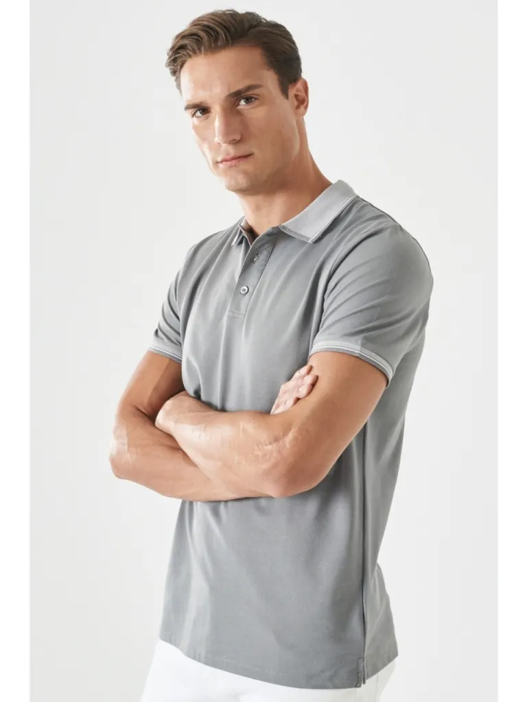 Altınyıldız Classics AC&Co / Altınyıldız Classics Erkek Çekmeyen Pamuklu Kumaş Slim Fit Dar Kesim Gri Kıvrılmaz Polo Yaka T-shirt