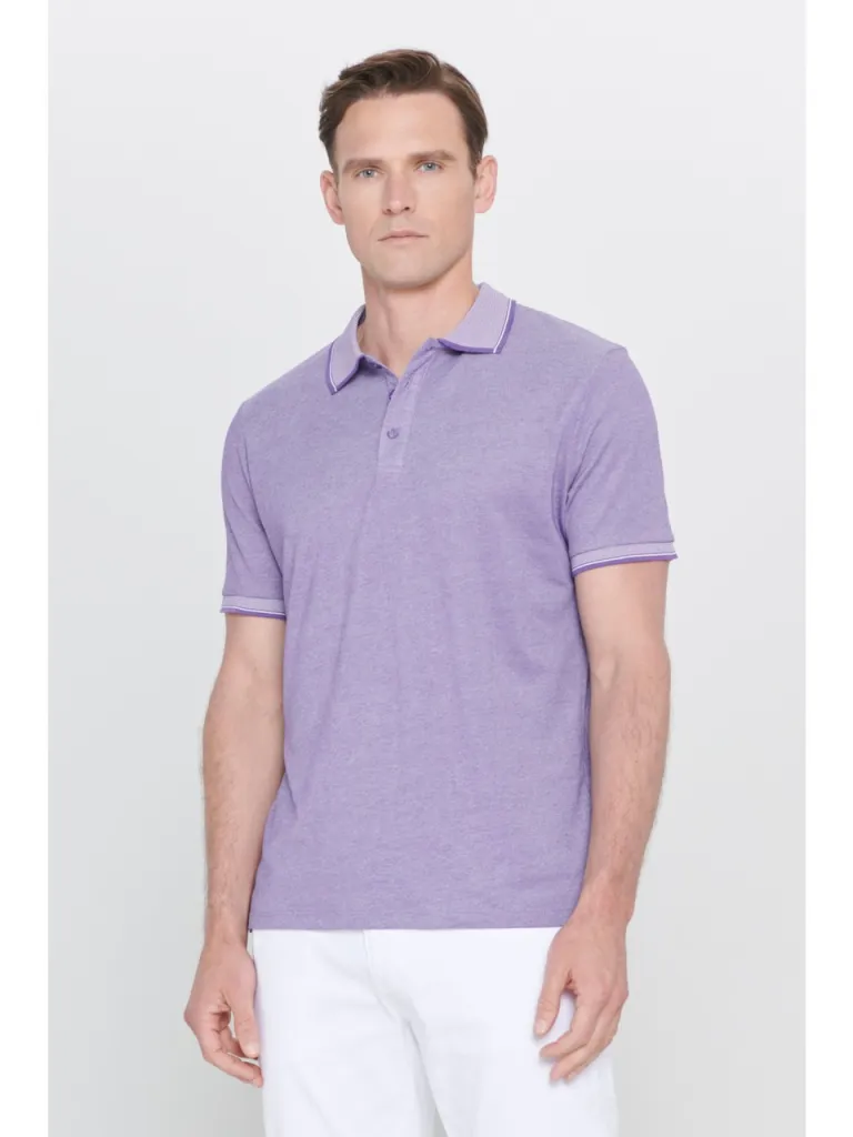 Altınyıldız Classics AC&Co / Altınyıldız Classics Erkek Çekmeyen Pamuklu Kumaş Slim Fit Dar Kesim Mor-Beyaz Kıvrılmaz Polo Yaka Tişört
