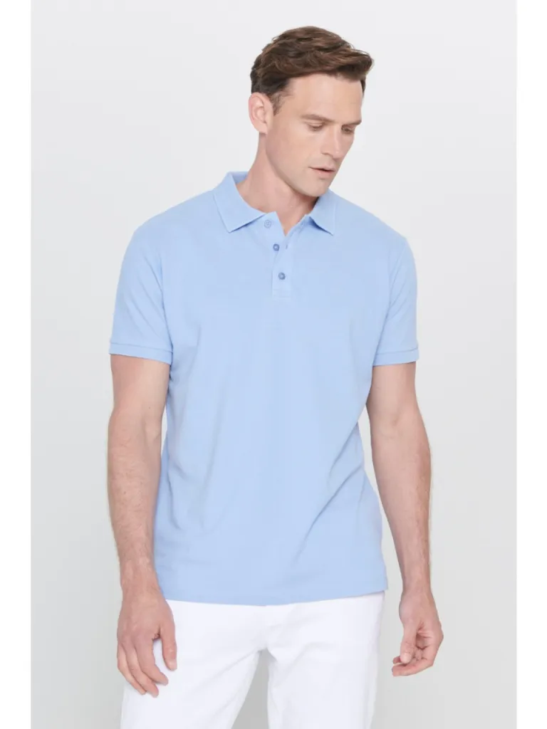 Altınyıldız Classics ALTINYILDIZ CLASSICS Erkek Açık Mavi %100 Pamuk Kıvrılmaz Polo Yaka Slim Fit Dar Kesim Tişört