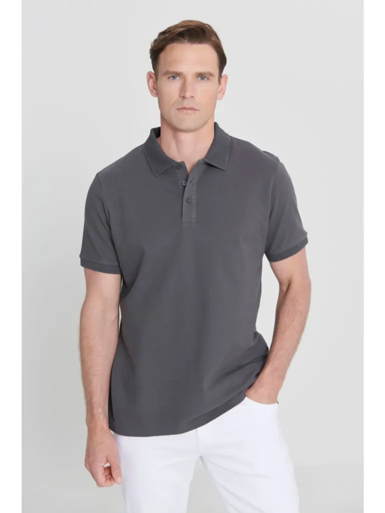 Altınyıldız Classics ALTINYILDIZ CLASSICS Erkek Antrasit %100 Pamuk Kıvrılmaz Polo Yaka Slim Fit Dar Kesim Tişört