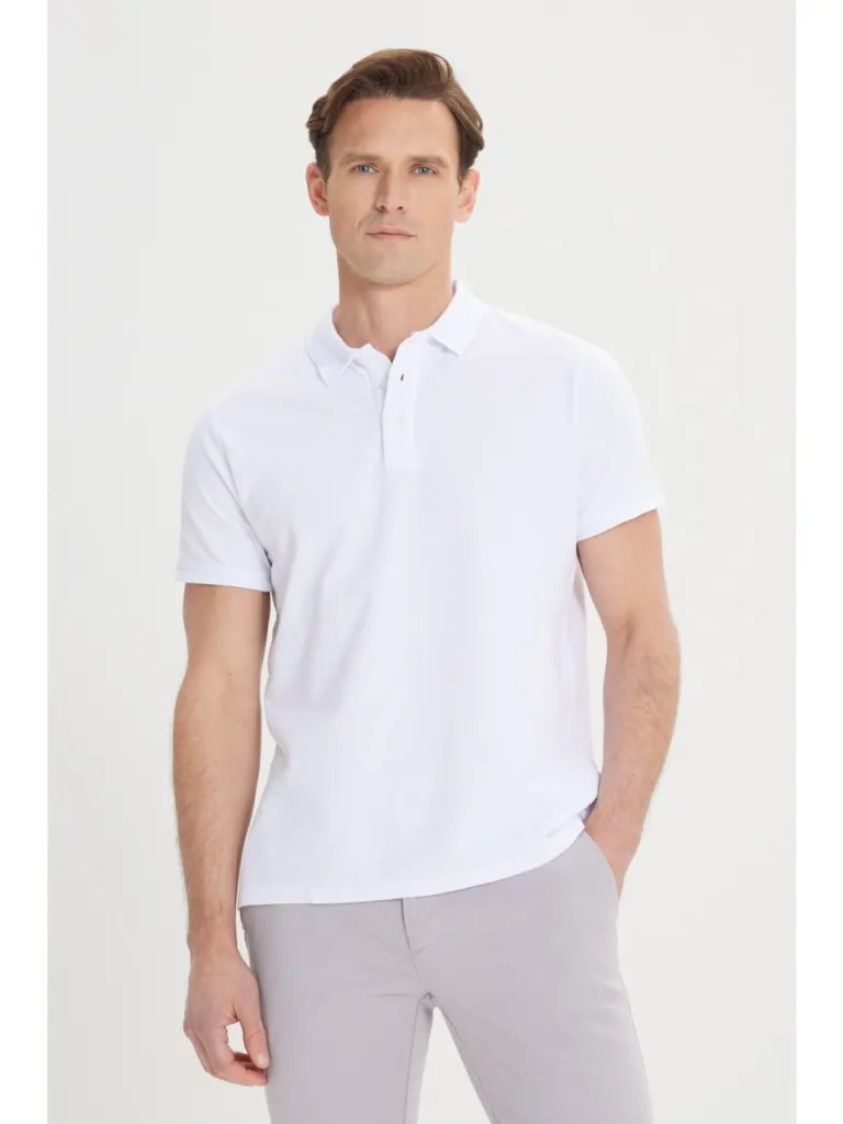 Altınyıldız Classics ALTINYILDIZ CLASSICS Erkek Beyaz %100 Pamuk Kıvrılmaz Polo Yaka Slim Fit Dar Kesim Tişört