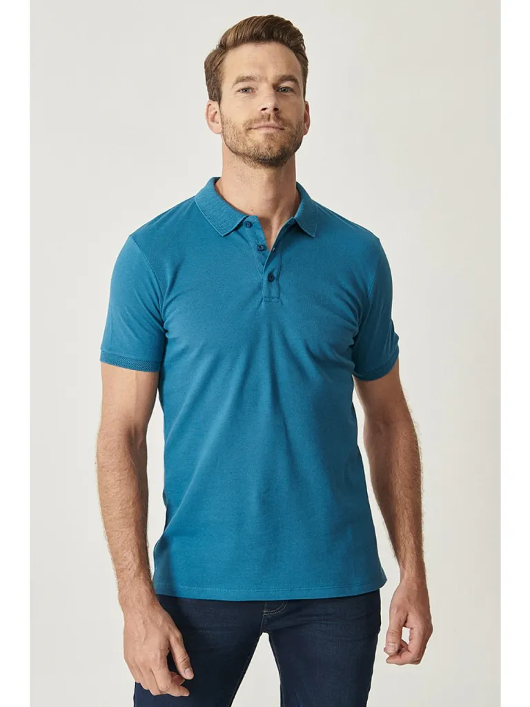Altınyıldız Classics ALTINYILDIZ CLASSICS Erkek Havacı Mavi %100 Pamuk Kıvrılmaz Polo Yaka Slim Fit Dar Kesim Tişört