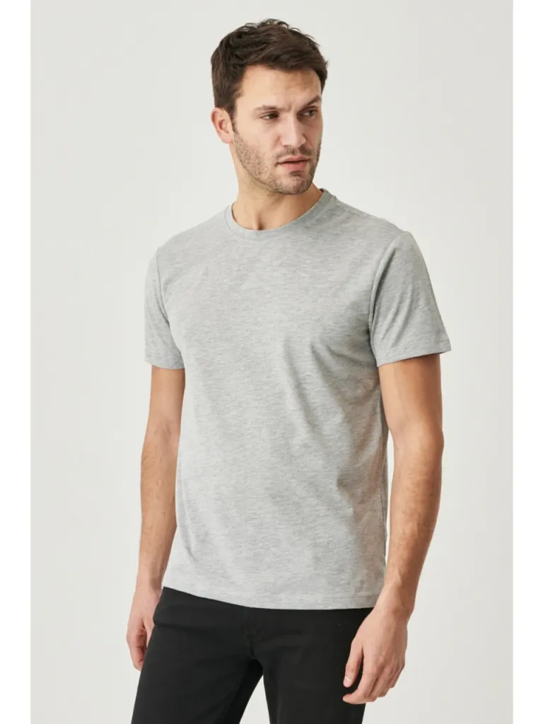 Altınyıldız Classics Erkek Gri Melanj Pamuklu Slim Fit Dar Kesim Bisiklet Yaka Tişört