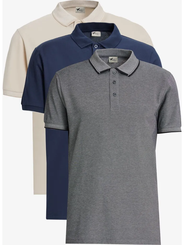 Altınyıldız Classics Erkek Lacivert-Açık Bej Beyaz-Açık Siyah 3'lü Çekmeyen Pamuklu Slim Fit Kıvrılmaz Polo Yaka Tişört