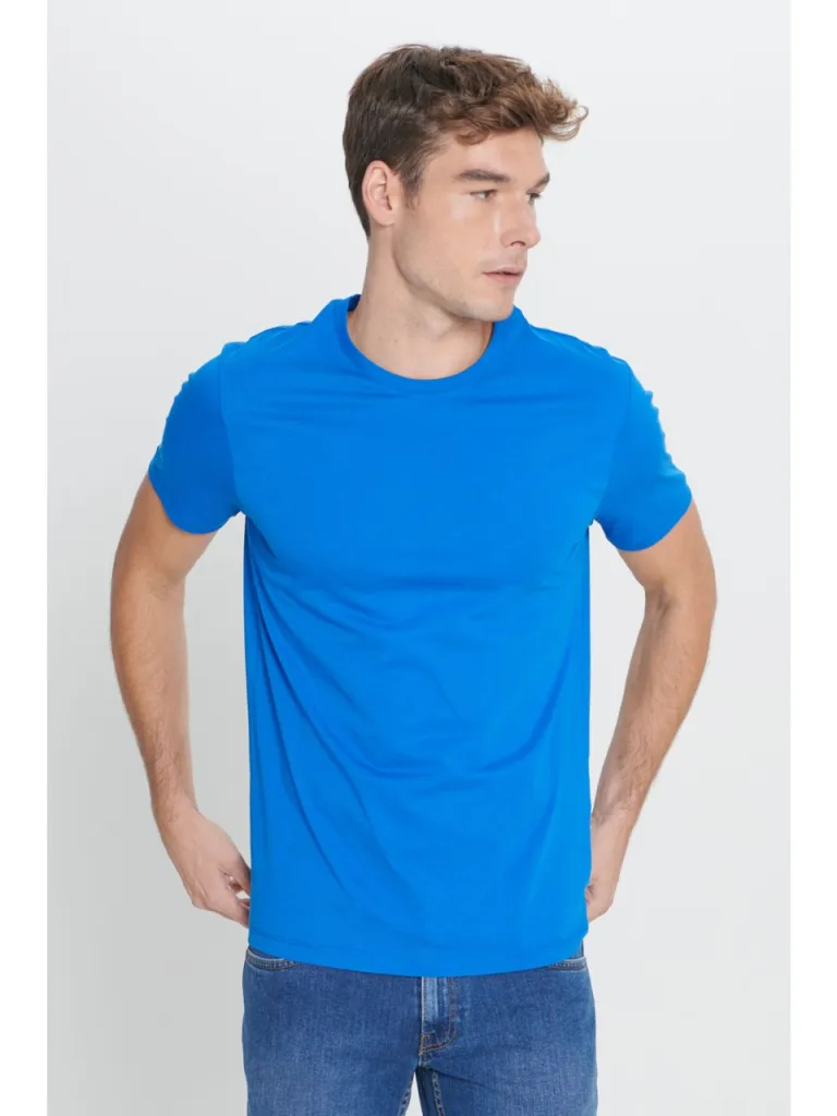 Altınyıldız Classics Erkek Saks Mavi %100 Pamuk Slim Fit Dar Kesim Bisiklet Yaka Tişört