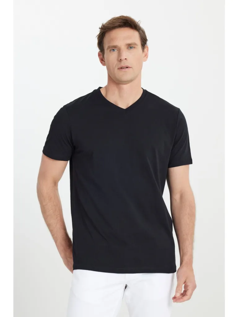 Altınyıldız Classics Erkek Siyah %100 Pamuk Slim Fit Dar Kesim V Yaka Tişört