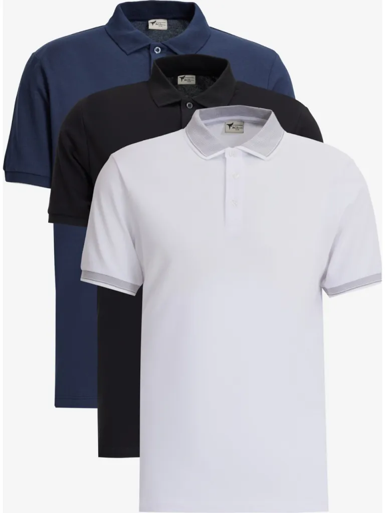 Altınyıldız Classics Erkek Siyah-Beyaz- Lacivert 3'lü Çekmeyen Pamuklu Slim Fit Dar Kesim Kıvrılmaz Polo Yaka Tişört