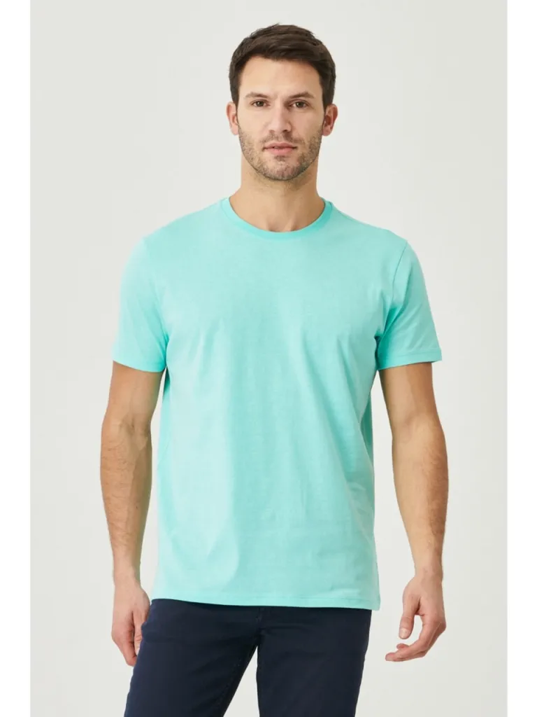 Altınyıldız Classics Erkek Turkuaz %100 Pamuk Slim Fit Dar Kesim Bisiklet Yaka Tişört