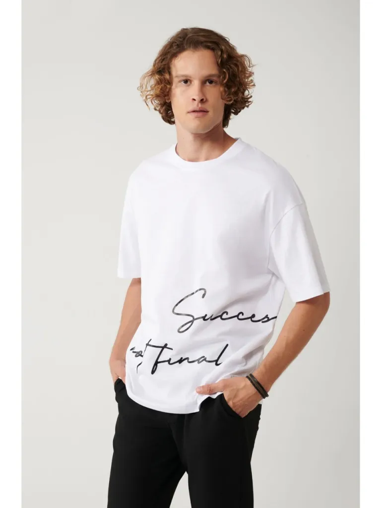 AVVA Erkek Beyaz %100 Pamuk Bisiklet Yaka Baskılı T-Shirt A41Y1038