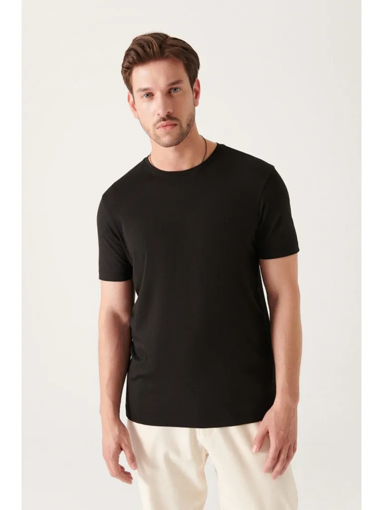 AVVA Erkek Siyah Regular Fit Soft Touch Bisiklet Yaka Düz Modal T-Shirt B001171