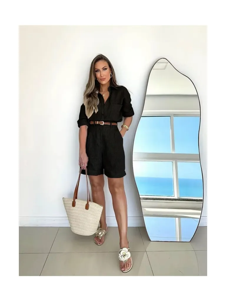 Barbora Keten Yazlık Uzun Kol Gömlek Şort Ikili Siyah Takım