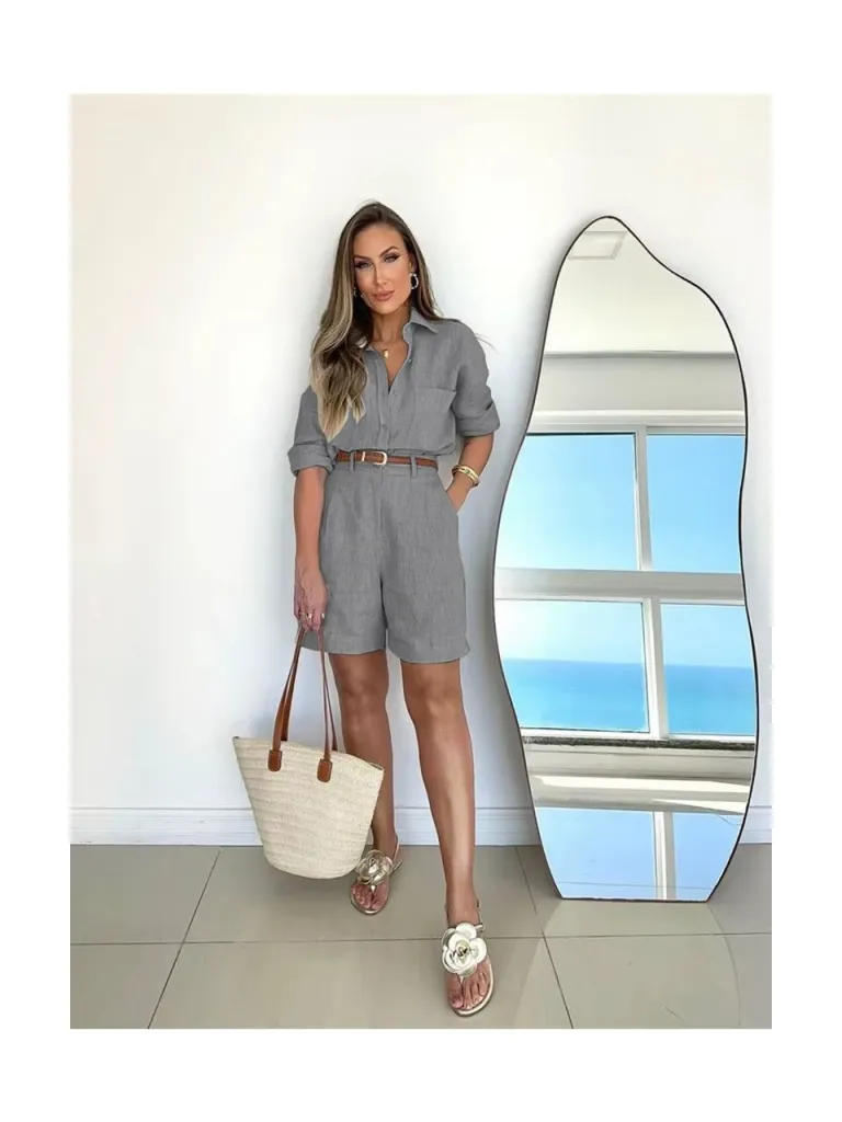 Barbora Keten Yazlık Uzun Kol Gömlek Şort Ikili Takım