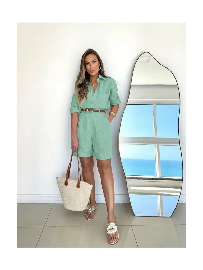 Barbora Yazlık Uzun Kol Gömlek Şort Ikili Su Yeşili Keten Takım