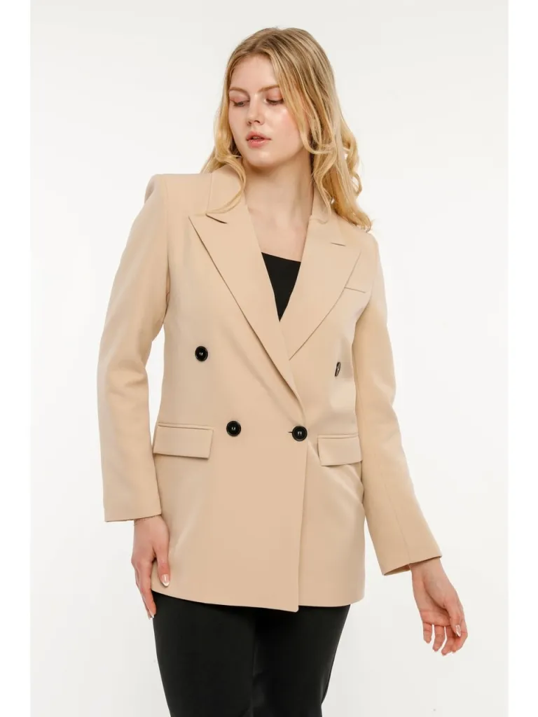 Bolivente Bej Regular Astarlı Kruvaze Kapama Dokuma Blazer Ceket