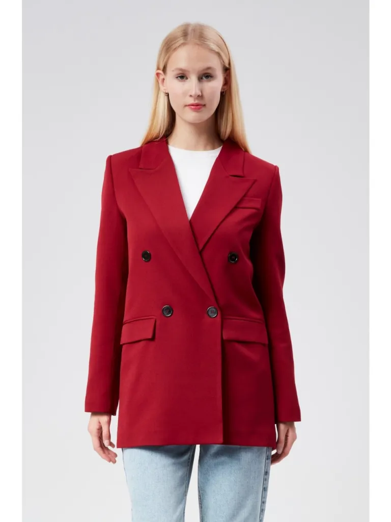 Bolivente Bordo Regular Astarlı Kruvaze Kapama Dokuma Oversize Blazer Ceket