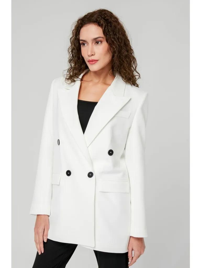 Bolivente Ekru Regular Astarlı Kruvaze Kapama Dokuma Blazer Ceket