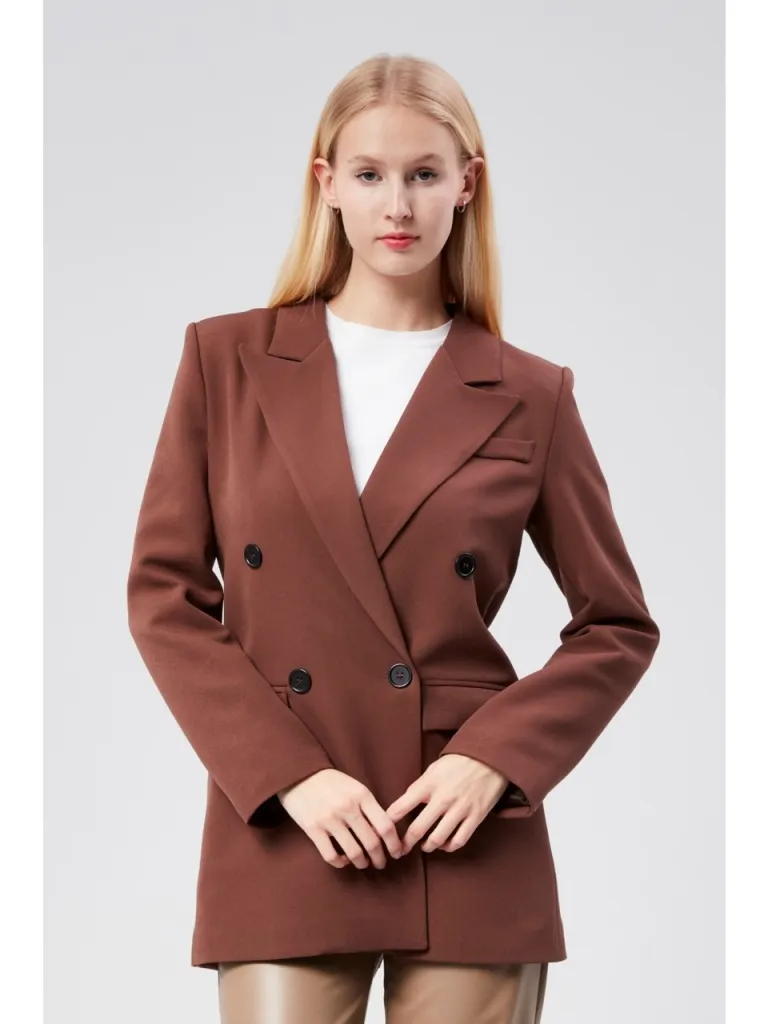 Bolivente Kahverengi Regular Astarlı Kruvaze Kapama Dokuma Oversize Blazer Ceket