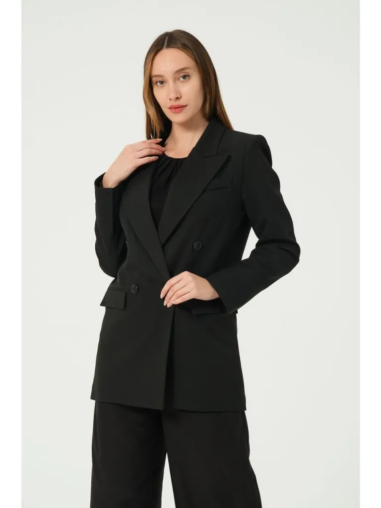 Bolivente Siyah Regular Astarlı Kruvaze Kapama Dokuma Blazer Ceket