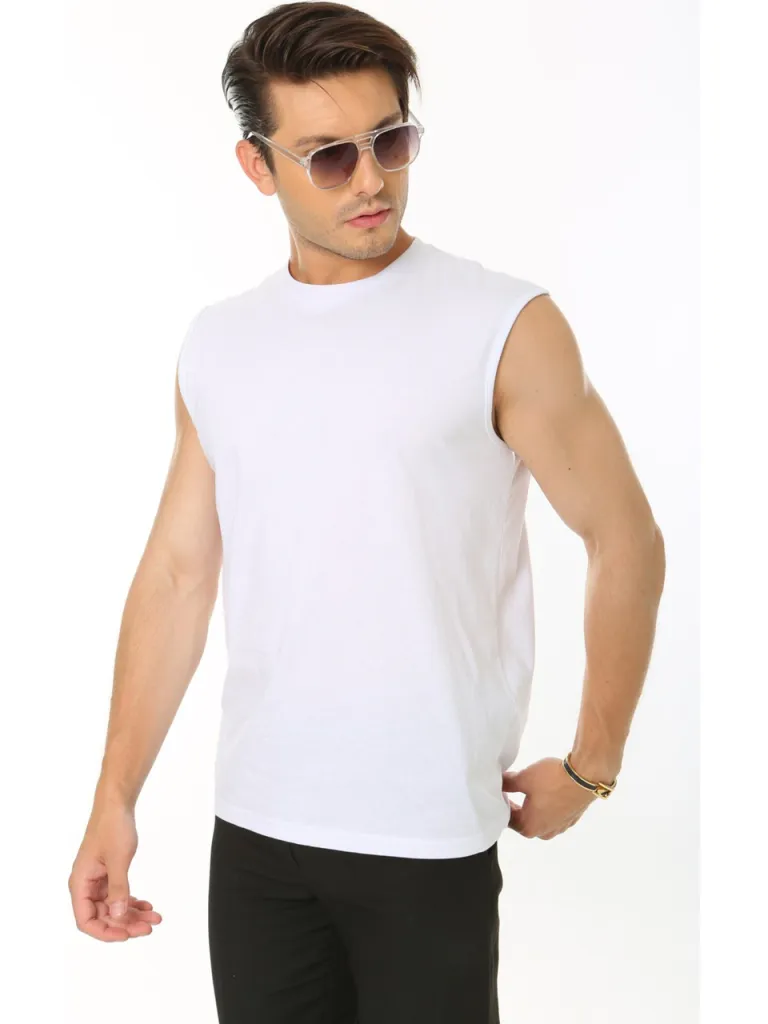 CHEISU Erkek Beyaz Bisiklet Yaka Tank Sıfır Kol Atlet %100 Pamuk T-shirt