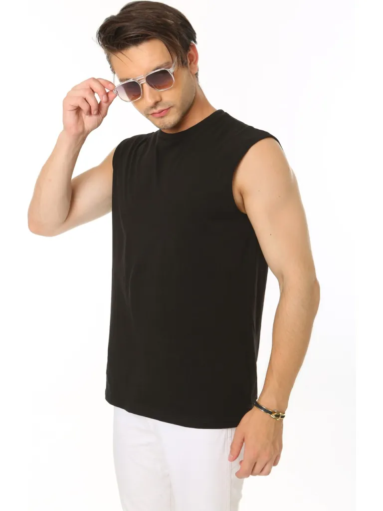 CHEISU Erkek Siyah Bisiklet Yaka Tank Sıfır Kol Atlet %100 Pamuk T-shirt