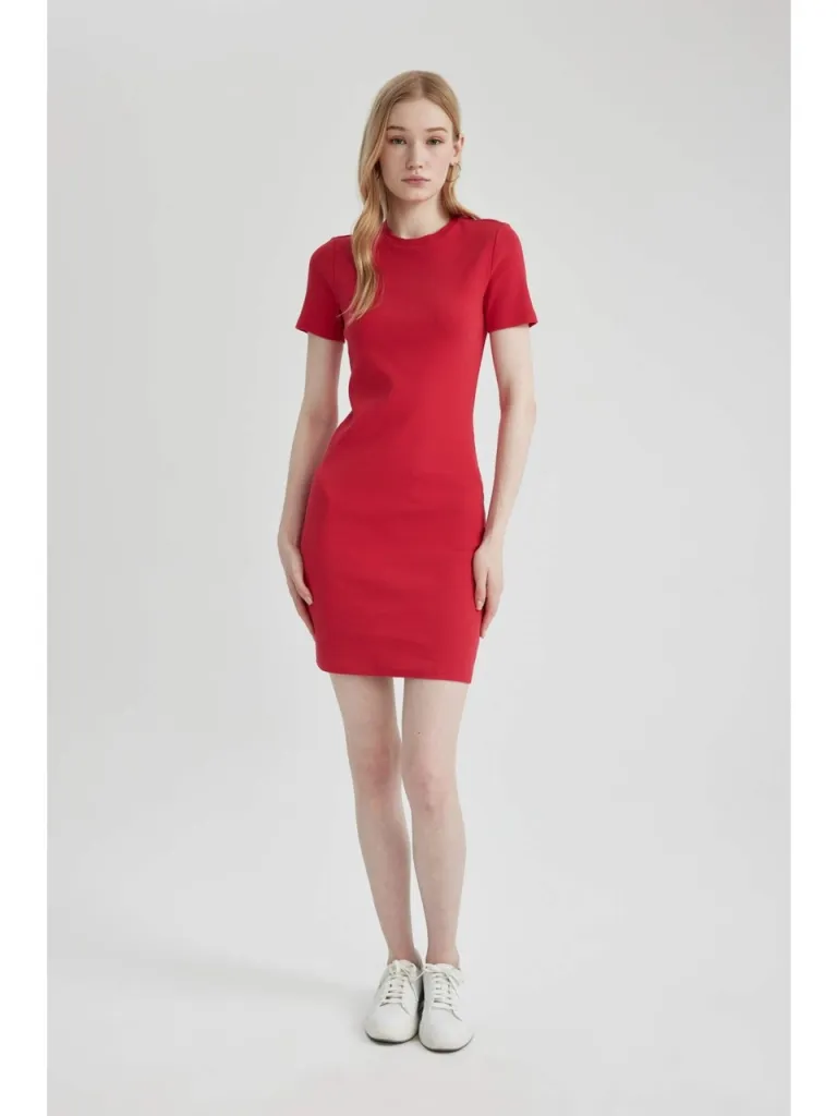 DeFacto Coool Bodycon Vücudu Saran Bisiklet Yaka Fitilli Kaşkorse Kısa Kollu Mini Elbise C1503AX24SP