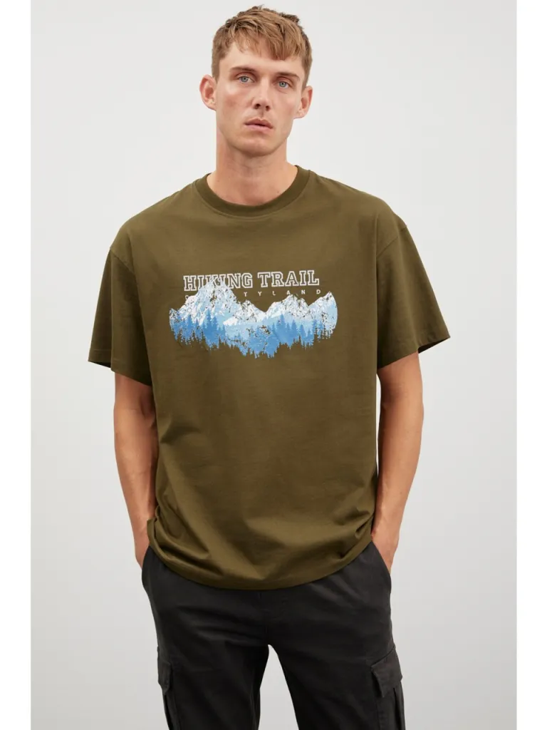 Grimelange Ademir Erkek Oversize Fit Önü Dağ Baskılı Bisiklet Yaka Pamuklu Haki T-Shirt
