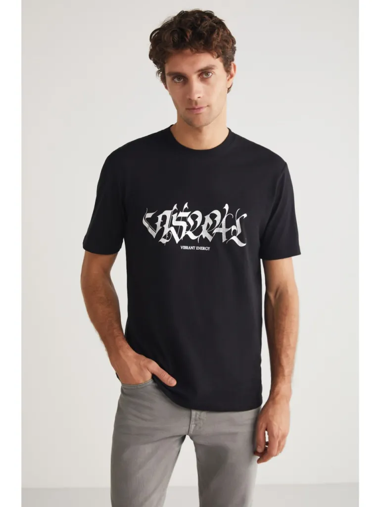 Grimelange Ansu Erkek Bisiklet Yaka Pamuk Parlak Baskı Detaylı Siyah T-Shirt