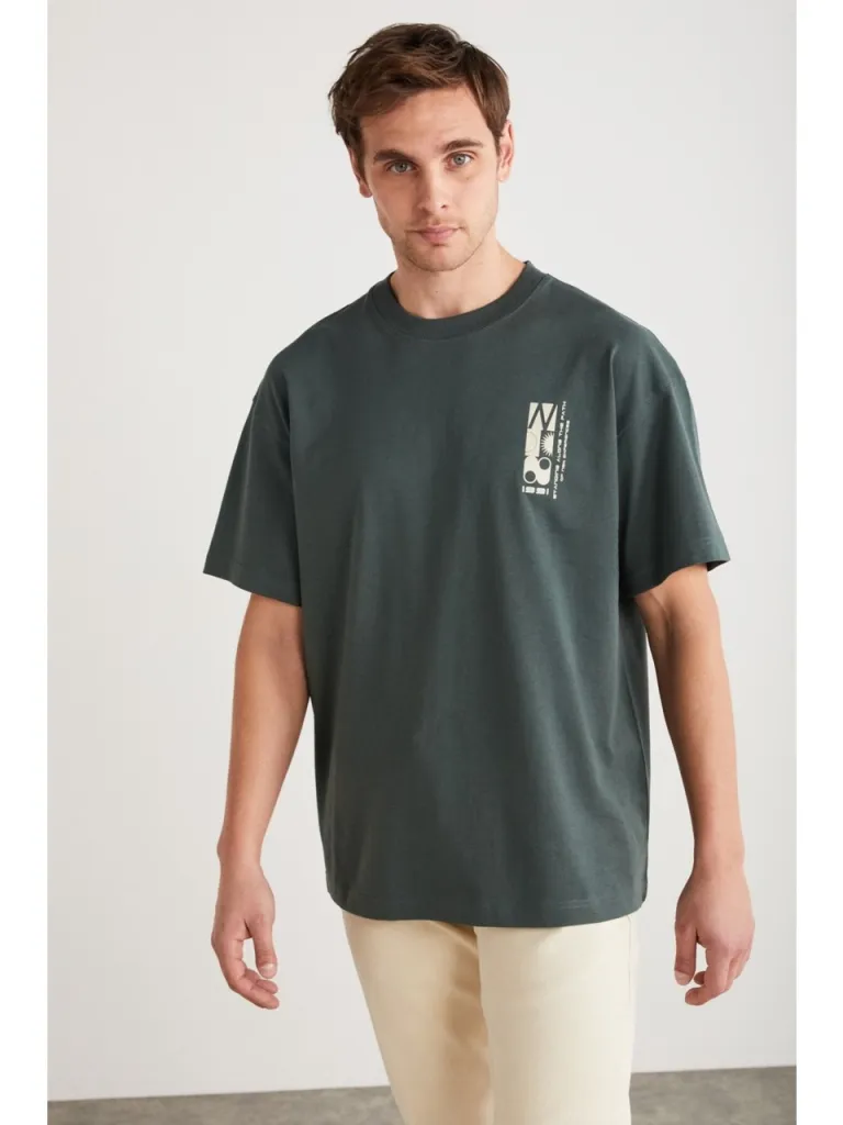 Grimelange Antonıo Erkek Baskı Detaylı %100 Organik Pamuk Örme Oversize Yeşil T-shirt